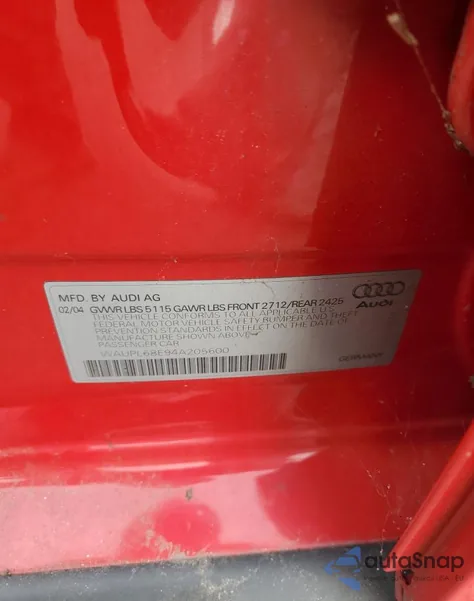 2004 Audi S4 из США, поврежденный, VIN WAUPL68E94A205600